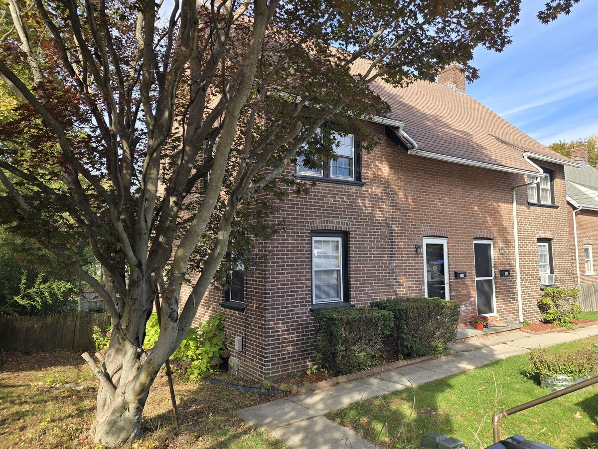 Brick two-family duplex with a large maple tree out front and a walkway to the front doors